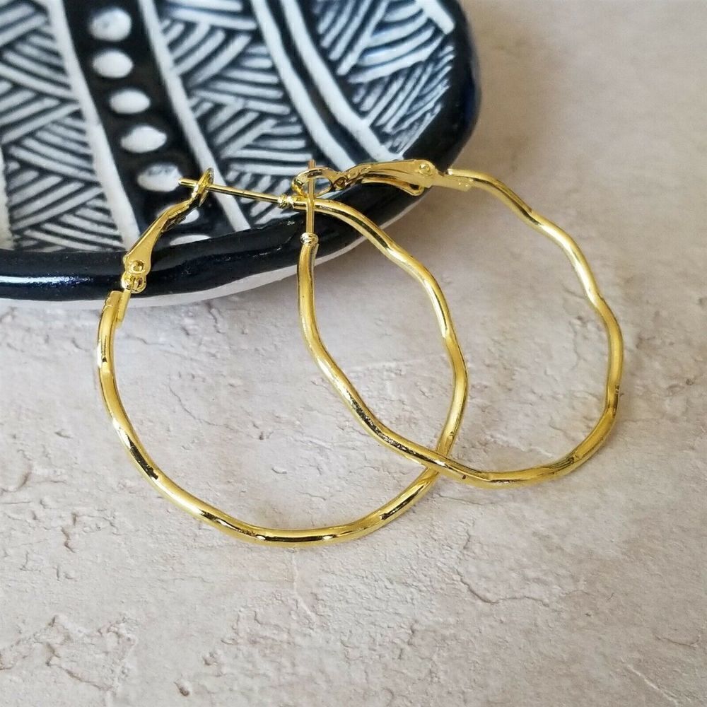 Wavy Gold Plated Hoop Earrings 40mm 1.6 Leverback Minimalist Classic 80s Style